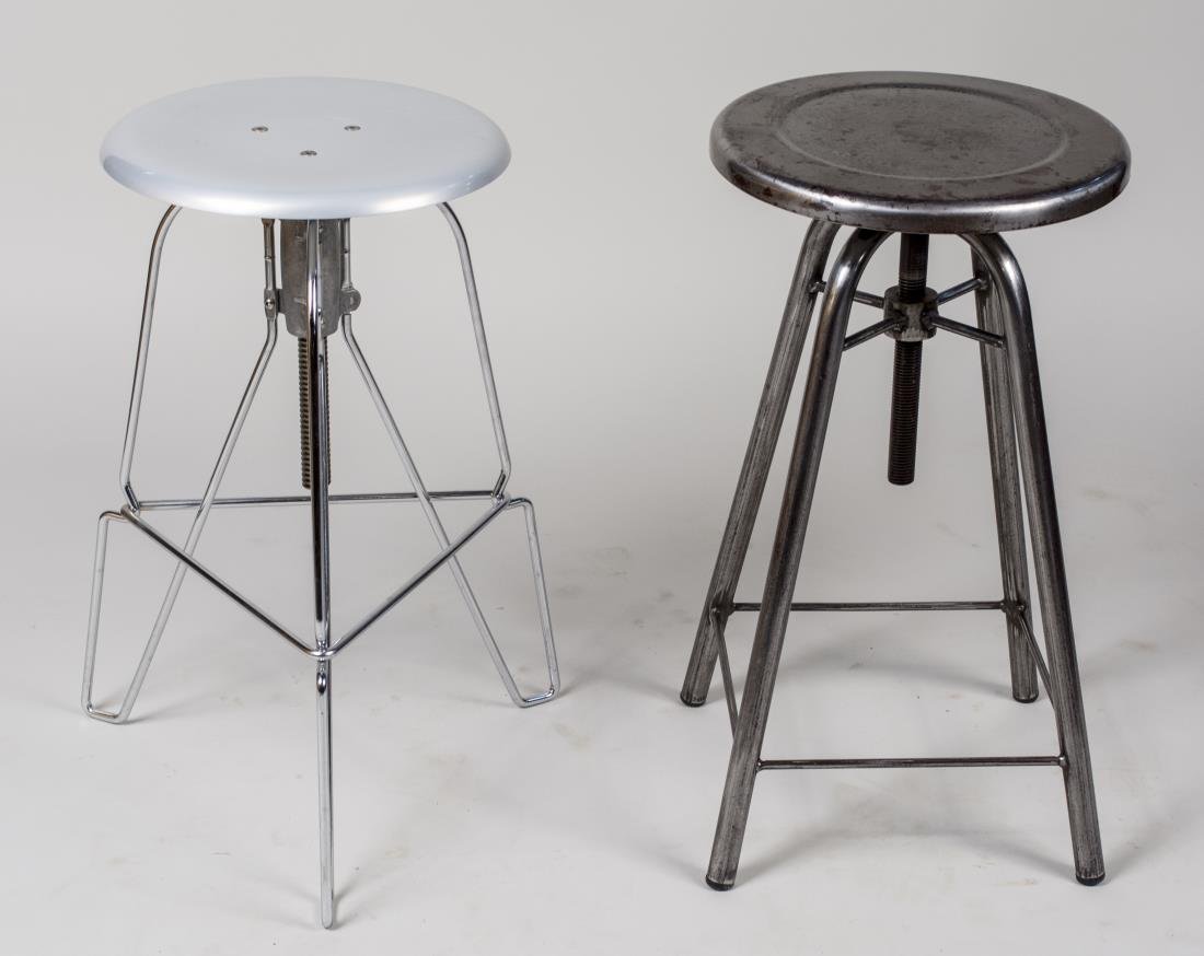 Two Metal Stools: Both with circular adjustable seat and tubular legs. Larger, height 25 inches, diameter 14 inches. Notice to bidders: Condition reports and additional photographs are provided by request as a courtesy