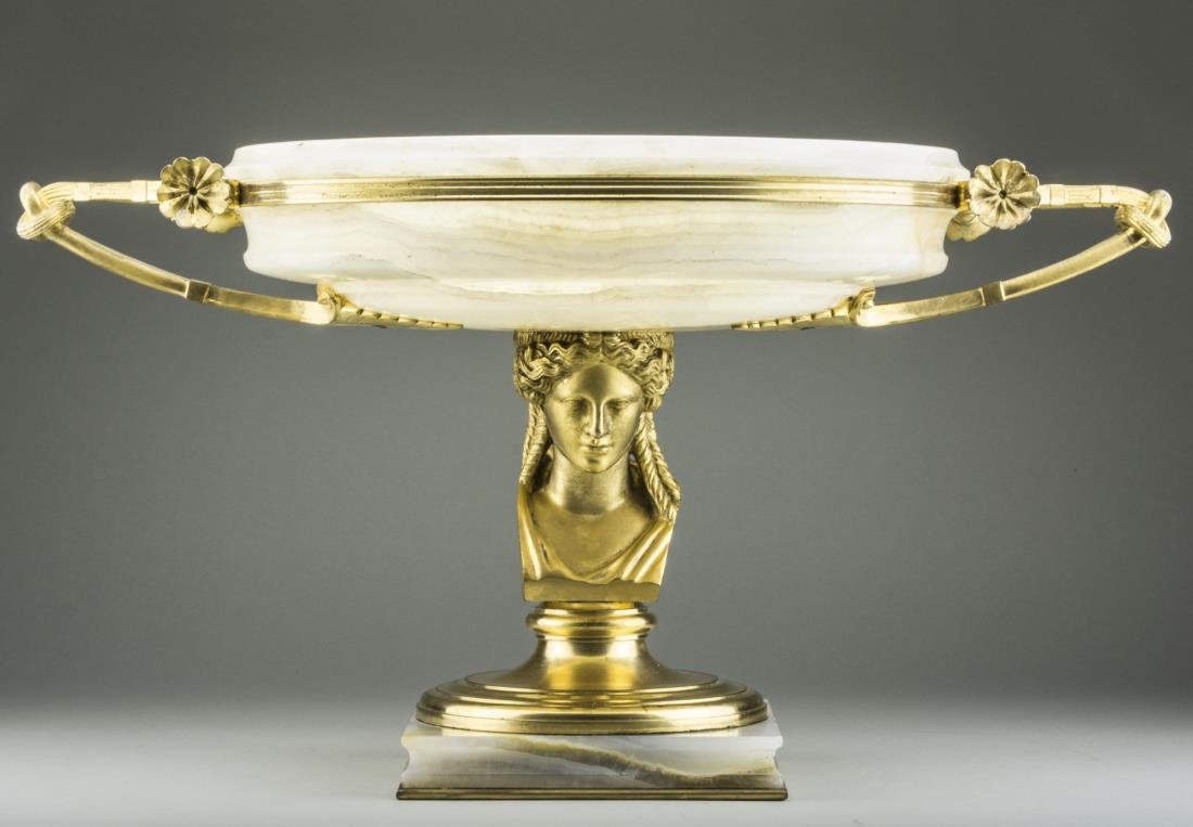 Empire Style Gilt Bronze & Alabaster Centerpiece *: 19th century, circular alabaster two handle bowl, on a female bust pedestal on an onyx base, with A Collas Réduction Méchanique foundry mark. Height 9 inches, width over handles 17 inches. Notice to