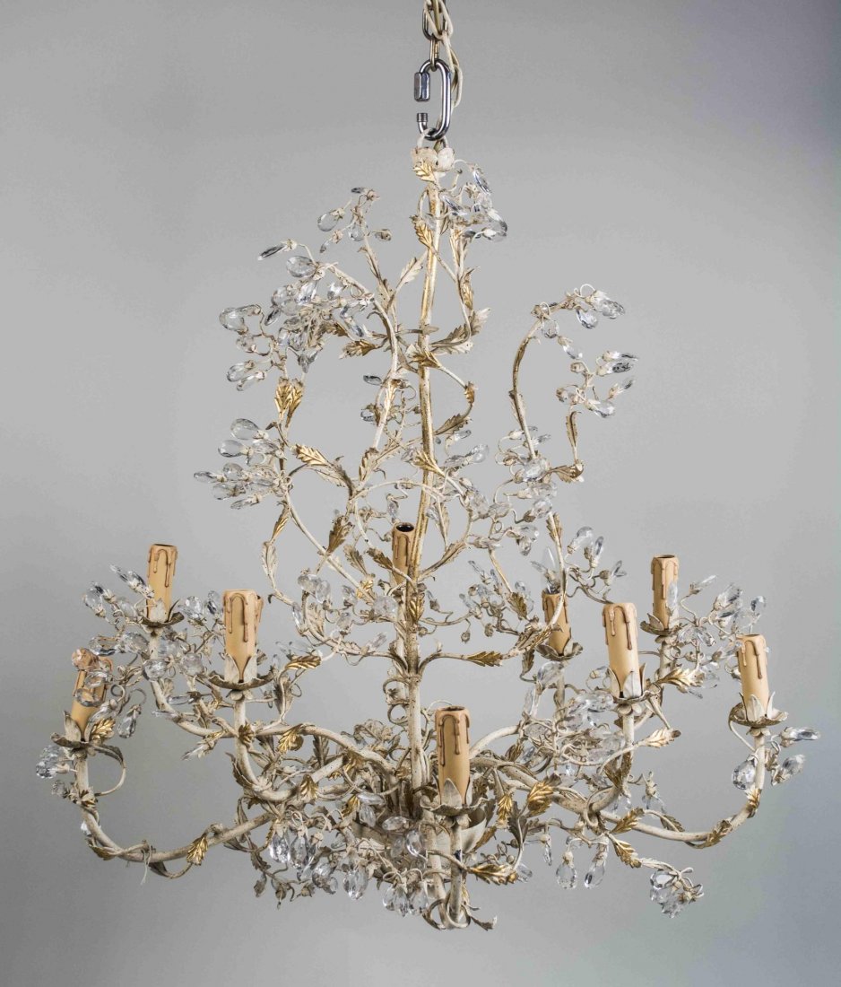 Naturalistic Form Tole and Crystal Chandelier: Nine lights, white painted, with gilt leaf and crystal droplet decoration. Height 36 inches, width 32 inches. Notice to bidders: Condition reports and additional photographs are provided by request as
