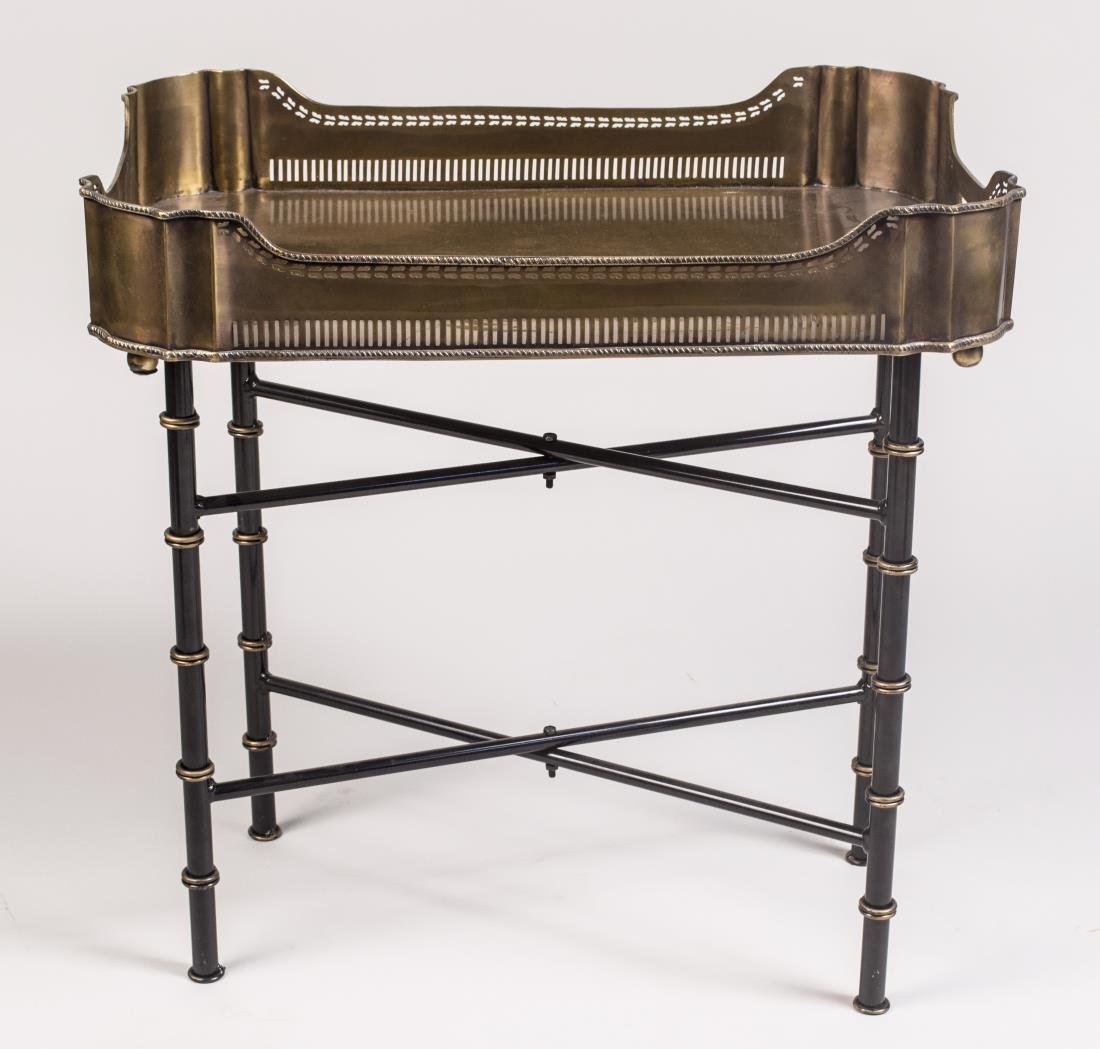 Brass Tray Table: Rectangular galleried tray on a faux bamboo base. Height 26 inches, width 26 inches, depth 17 inches. Notice to bidders: Condition reports and additional photographs are provided by request as a court