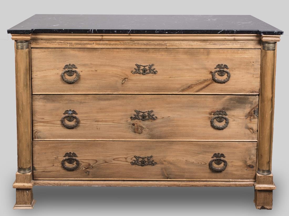 Marble Top Commode: Rectangular black marble top over three graduated drawers flanked by columns, block feet. Height 36 inches, width 53 inches, depth 26 inches. Notice to bidders: Condition reports and additional photog