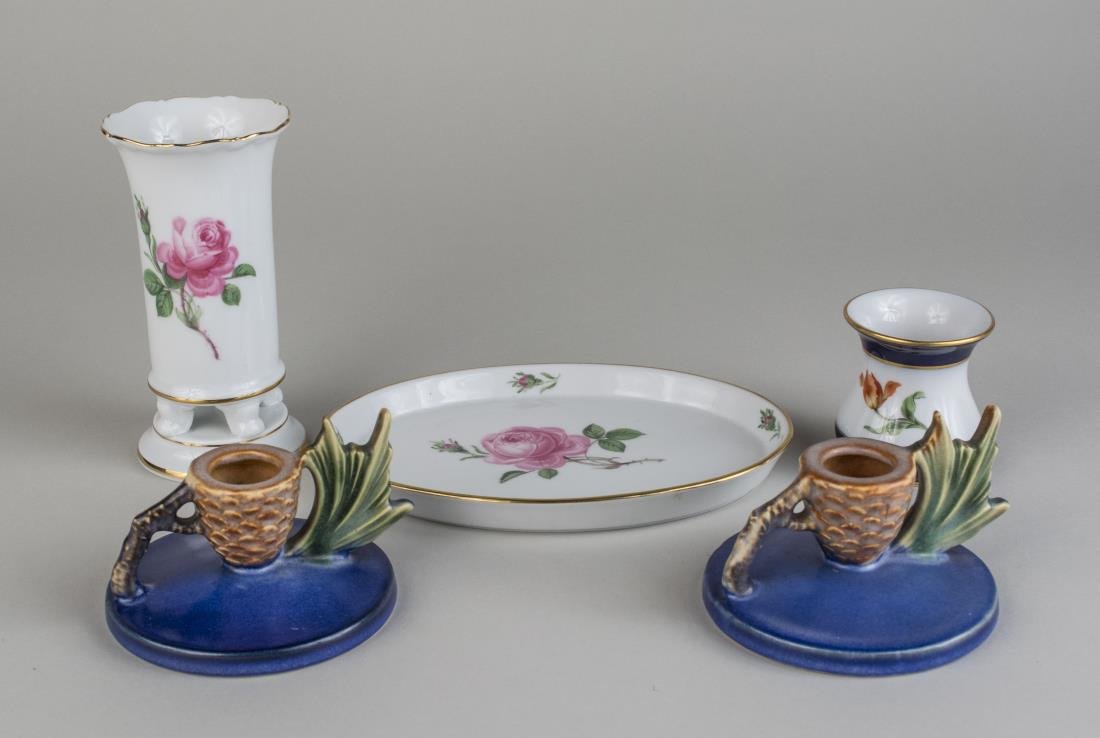 Group of Ceramic Table Decorations: Comprising Meissen porcelain vase and dresser tray with pink rose decoration, a pair of Roseville pottery candlesticks and small Meissen porcelain vase with cobalt borders. Taller vase, height 5 1/2 i