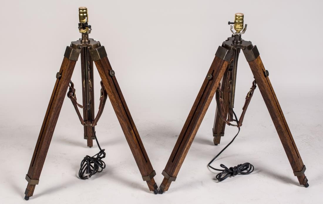 Two Tripod Lamps: Single light lamps on wood tripod base. Height 41 inches. Notice to bidders: Condition reports and additional photographs are provided by request as a courtesy to our clients, as such any condition re