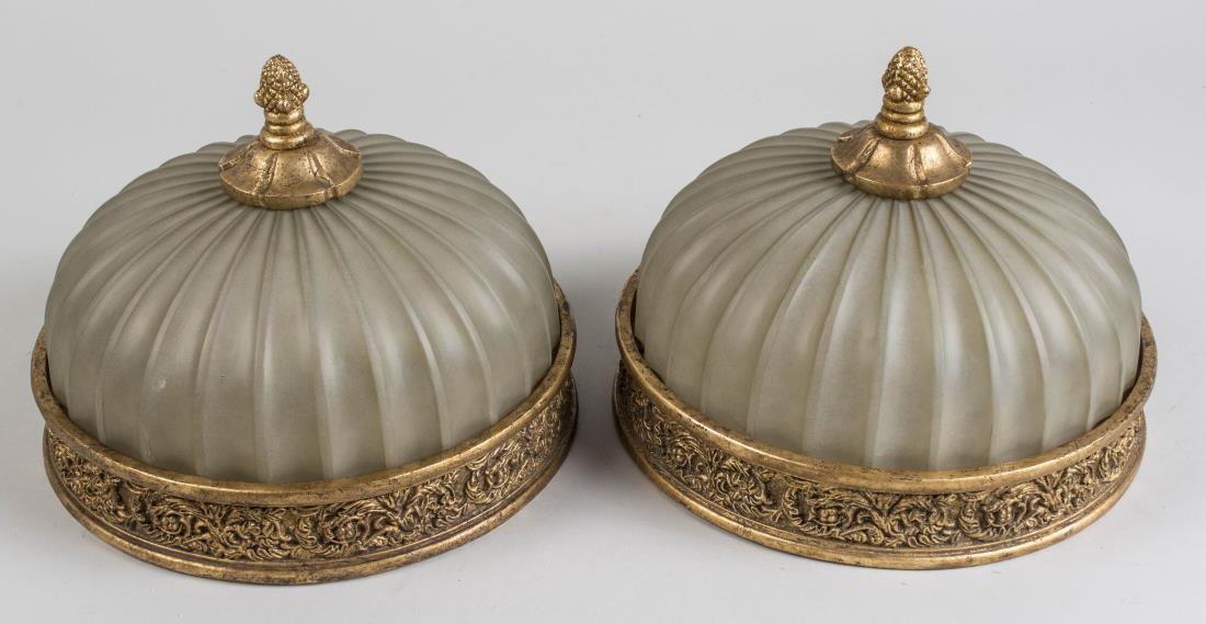 Pair of Frosted Glass Ceiling Lights: Circular fluted shades with acorn finials. Diameter 10 inches. Notice to bidders: Condition reports and additional photographs are provided by request as a courtesy to our clients, as such any conditi