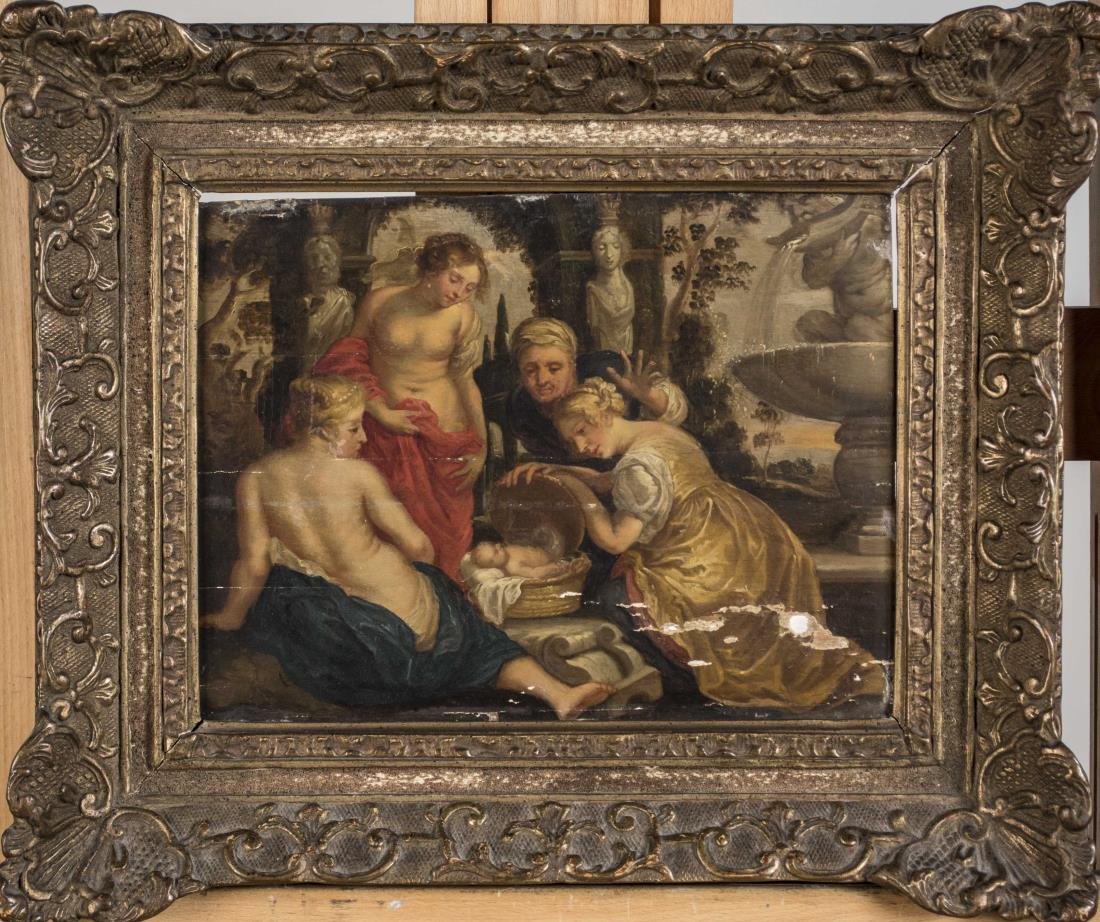 Continental School (18th/19th Century): Allegorical Scene with Three Blond Maidens, a Baby and a Man. Oil on panel, 18th/19th century. Board size 9 x 12 inches. Framed. Notice to bidders: Condition reports and additional photographs are pro