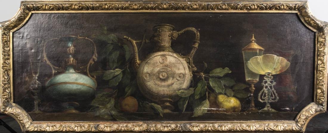 Continental School (19th Century), Still Life: Still life with a Silver Pitcher in the Center. Oil on canvas, 19th century. Canvas size 23 x 54 inches. Framed. Notice to bidders: Condition reports and additional photographs are provided by request