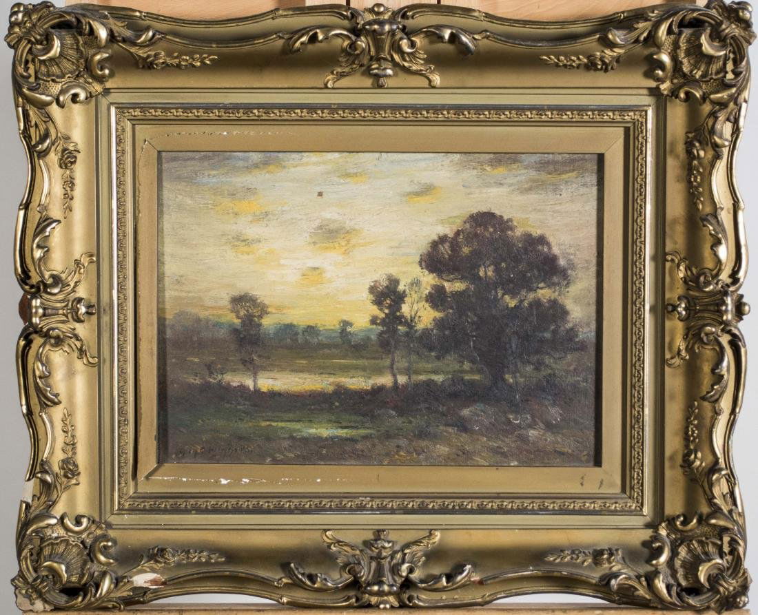 Guy Carleton Wiggins (American, 1883-1962): Landscape at Dusk. Oil on canvas. Signed (LR). Plaza Art Gallery, New York label on the verso. Canvas size 10 x 14 inches. Framed. Notice to bidders: Condition reports and additional photographs are p