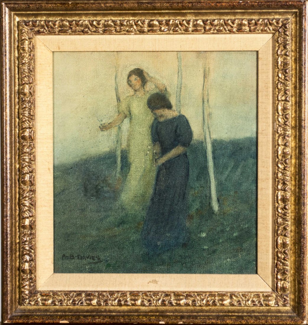 Arthur Bowen Davies (Italian/American,1862-1928): Two Girls. Oil on canvas. Signed (LL) and stamped on the verso. Canvas size 11 x 10 inches. Framed. Notice to bidders: Condition reports and additional photographs are provided by request as a courtes