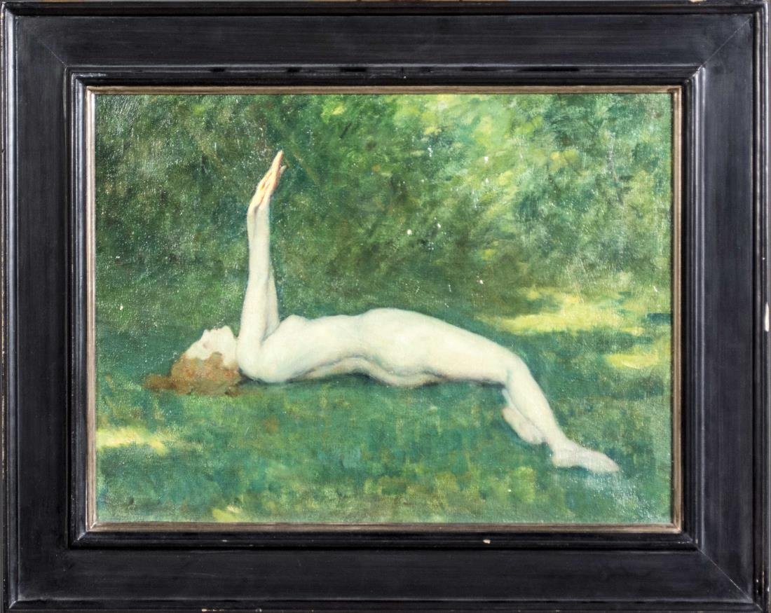 Arthur Bowen Davies (Italian/American,1862-1928): Attributed to Arthur Bowen Davies. Reclining Nude in the Forest. Oil on canvas, 19th century. Unsigned. Canvas size 12 x 16 inches. Framed. Notice to bidders: Condition reports and additional photogra