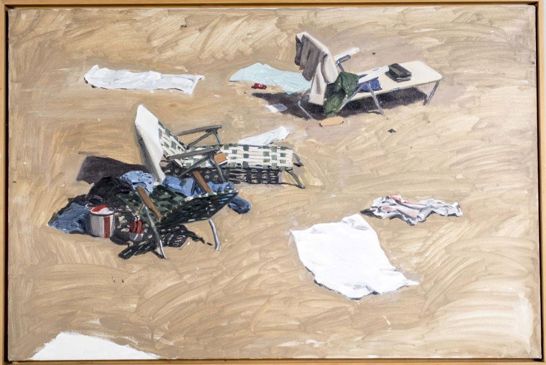 Joel Janowitz (American, b. 1945): Scattered Chairs. Oil on canvas, 1978. Signed, dated and titled on the verso. Canvas size 20 x 30 inches. Framed. Provenace: Private Collection, New York, purchased from Harcus Krakow Gallery, 1979. N