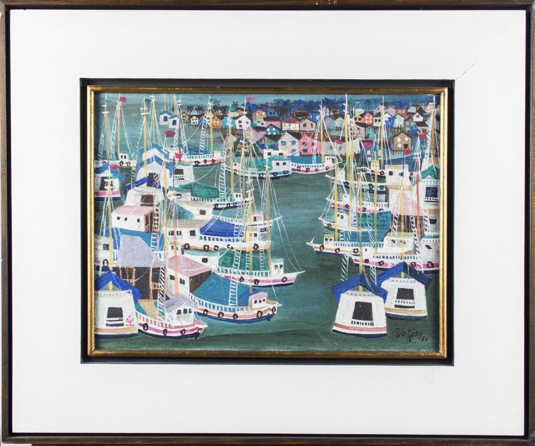 Tio Tjay (Indonesian, b. 1946): Boats. Oil on canvas, 1980. Signed and dated (LR). Canvas 12 x 16 inches, frame size 20 x 24 inches. Framed. Provenance: Private Collection, Brazil Notice to bidders: Condition reports and additional 