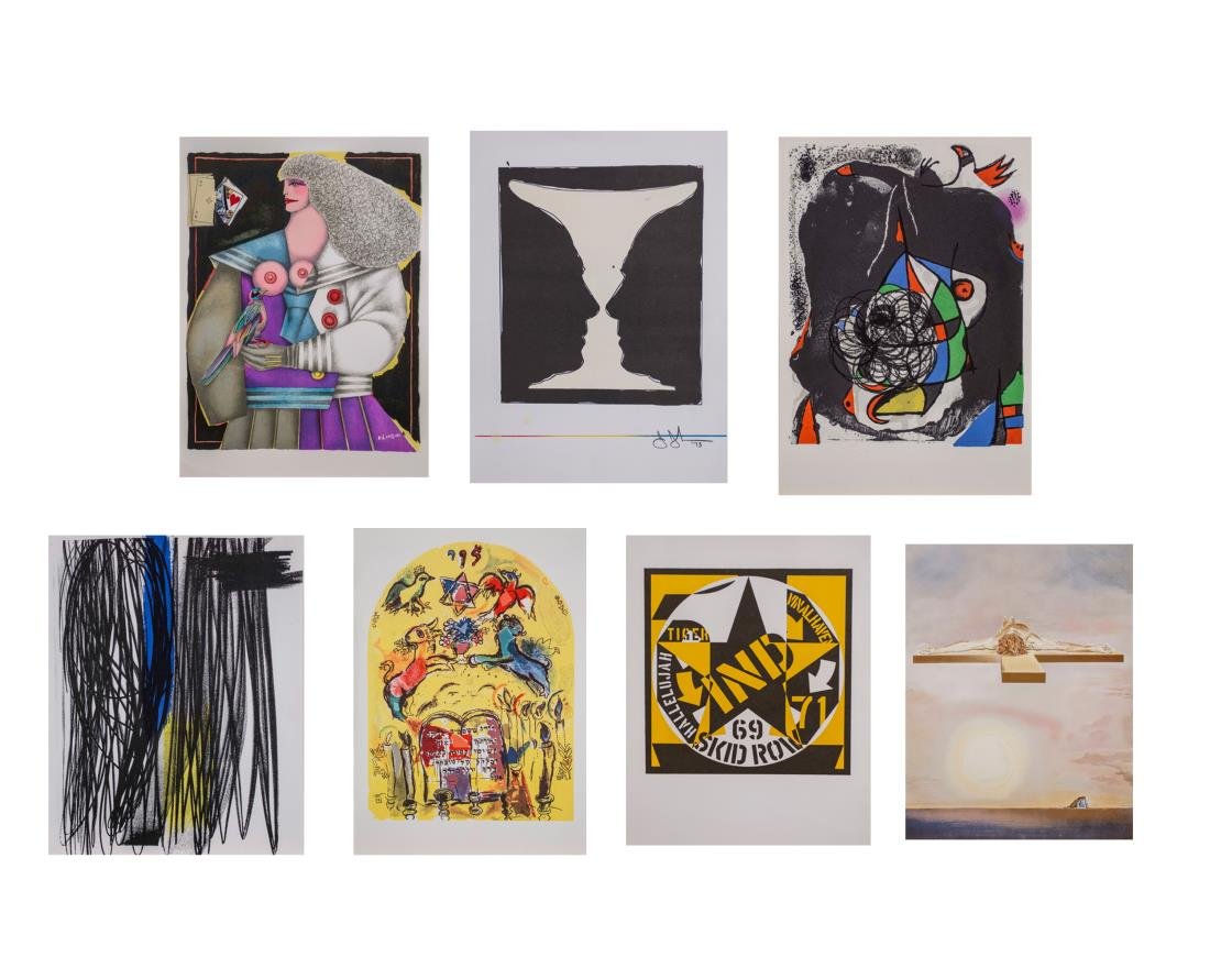 Group of Assorted Prints: Prints include: Composition pour XXÃ¨me SiÃ¨cle by Hans Hartung; Jerusalem Window After Marc Chagall; Abstract Composition After Joan Miro; The Cross After Salvador Dali; Woman and Bird by Richard