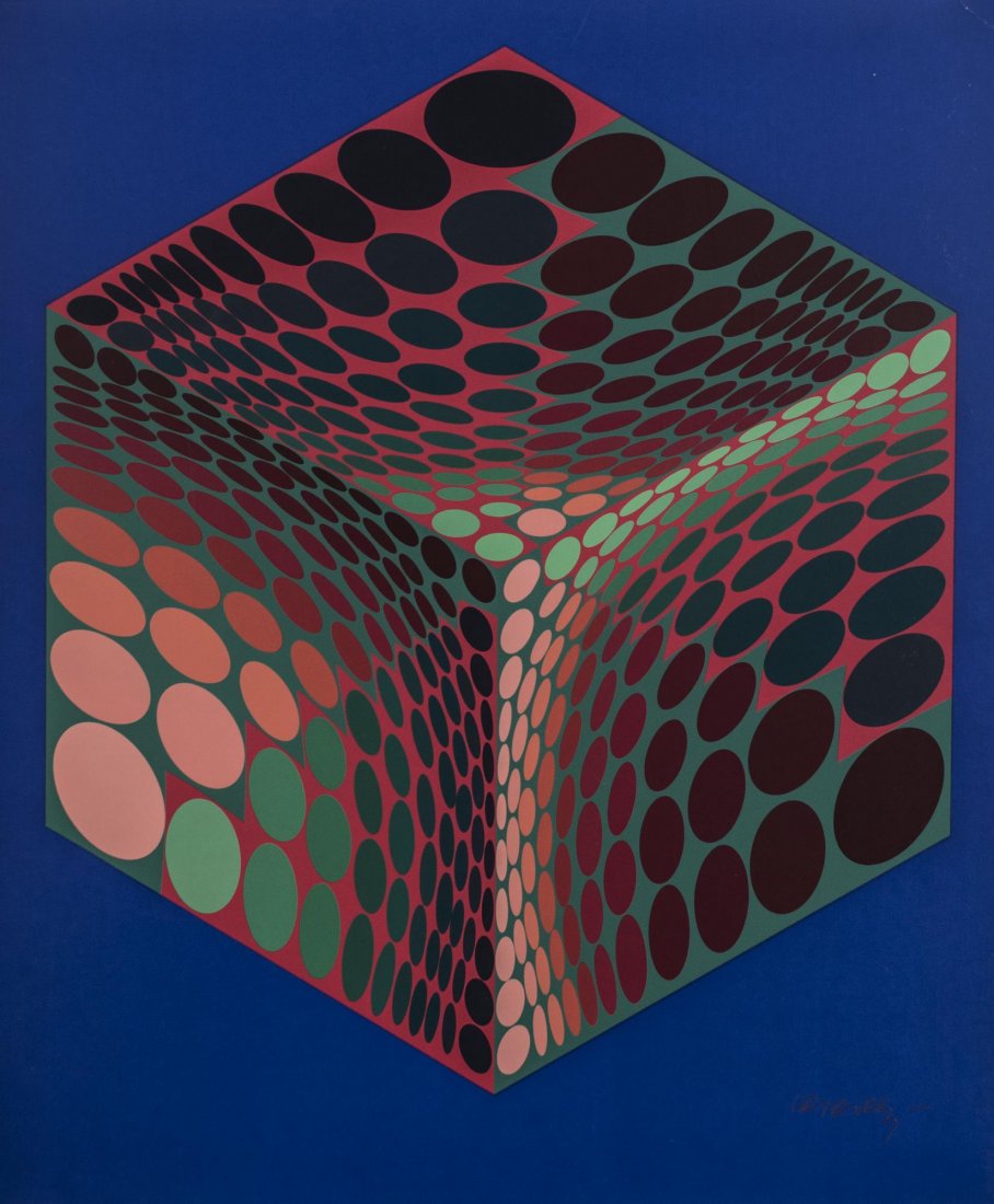 Victor Vasarely (French/Hungarian, 1906-1997): Parmenide (Red, Green and Blue). Serigraph, 20th century. Signed (LR). Sheet size 25.5 x 21 inches. Notice to bidders: Condition reports and additional photographs are provided by request as a courtes