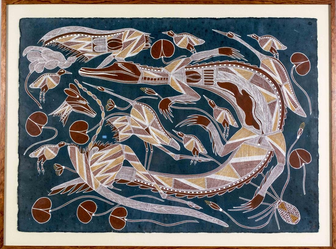 Aboriginal Style Lithograph: Primitive Animal Pattern. Lithograph. Sheet size 29 x 40 inches. Framed. Notice to bidders: Condition reports and additional photographs are provided by request as a courtesy to our clients, as such a