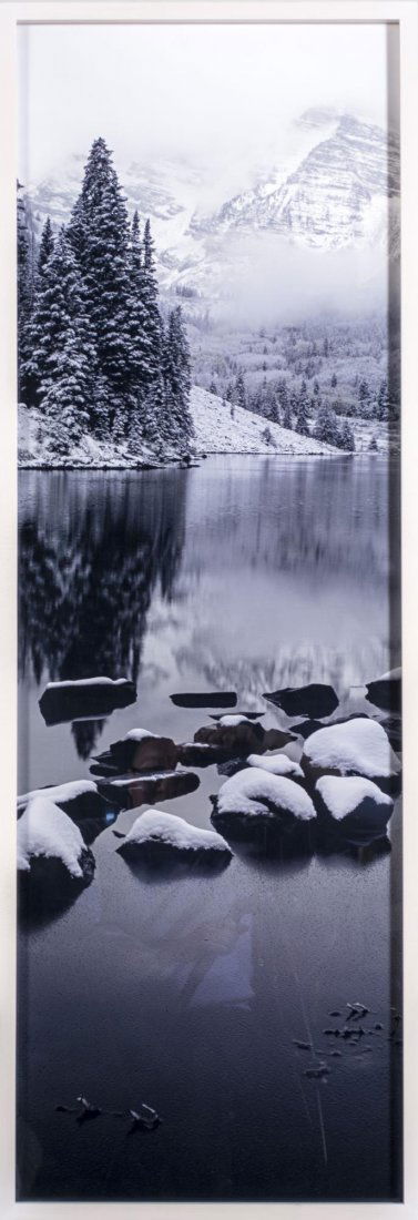Peter Lik (American/Australian, b. 1959): Wednesday (Maroon Bells, Colorado). Cibachrome color print mounted on plexiglass. Edition 127/950. Certificate of authenticity attached to the verso. Size 59 X 20 inches. Framed. Notice to bidders: Co