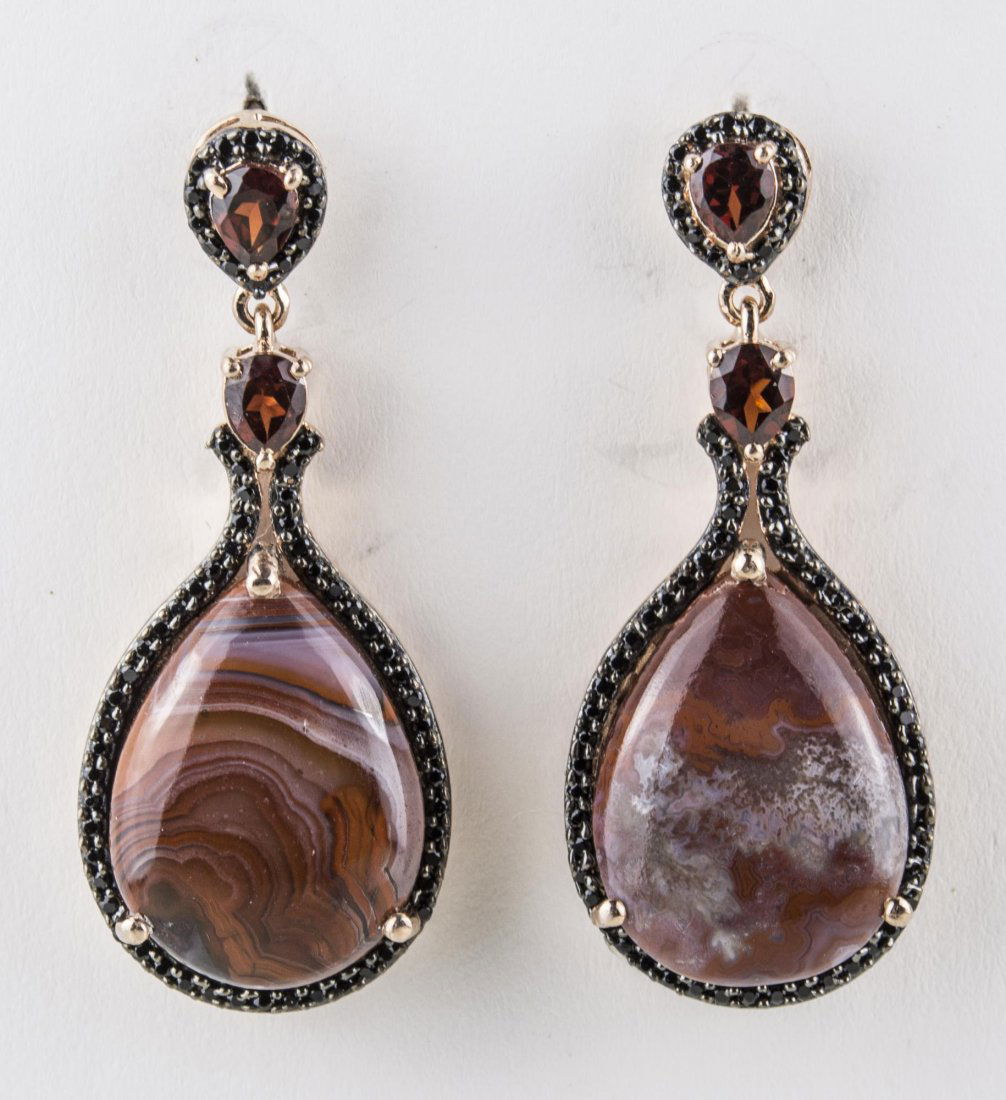 Pair of Agate, Spinel and Garnet Earrings: 14k gold over sterling silver, teardrop earrings, set with a pear shaped agate within a border of black spinels suspended from a red garnet. Notice to bidders: Condition reports and additional photogr