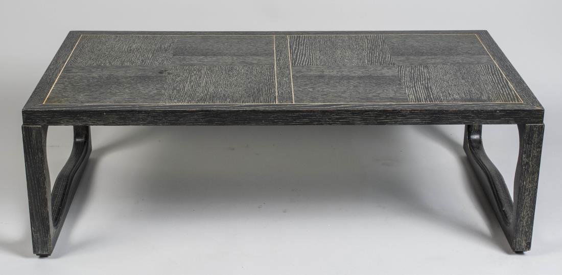 Brown Saltman Cerused Oak Cocktail Table: Circa 1950, rectangular top with four grid sections, open trestle style side supports. Height 15 inches, width 46 inches, depth 24 inches. Notice to bidders: Condition reports and additional photograp