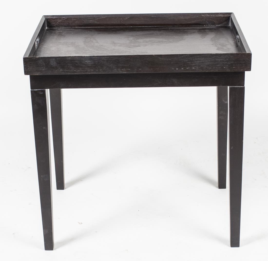 Ebonized Wood Tray Top Table: Galleried rectangular tray, on a stand with four square tapered legs. Height 28 inches, width 28 inches, depth 20 inches. Notice to bidders: Condition reports and additional photographs are provided b