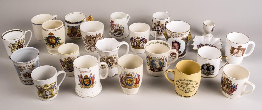 English Porcelain Commemoratives: Approximately twenty two pieces, including mugs, beakers, cups, dishes, etc. commemorating events in the lives of the England's previous monarchs. Notice to bidders: Condition reports and additional p