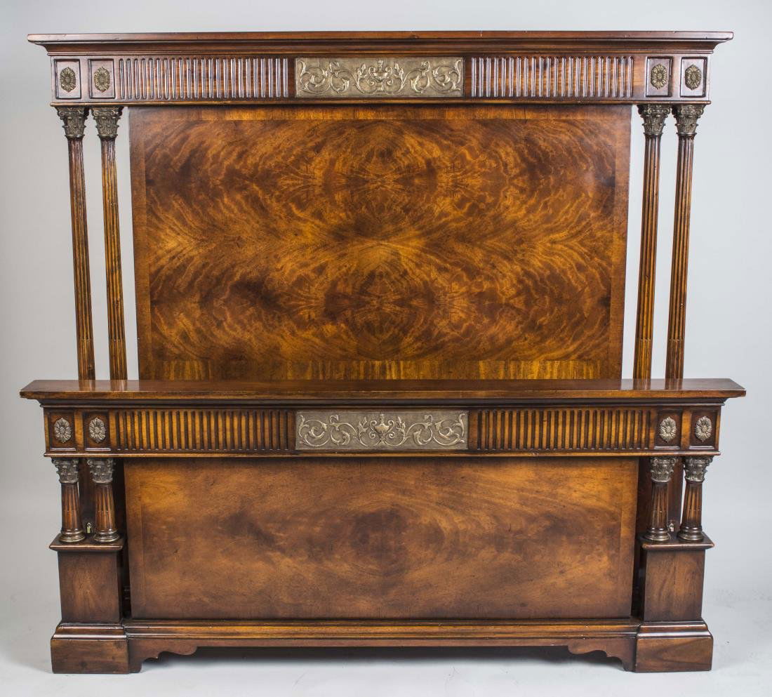 Bronze Mounted Bed: Neoclassical style, book matched mahogany with bronze mounts. Height 64 inches, width 70 inches. Notice to bidders: Condition reports and additional photographs are provided by request as a courtesy t