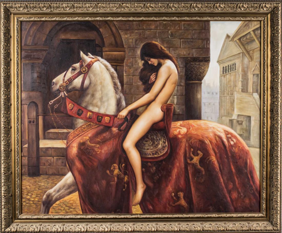 After John Collier, Painting of Lady Godiva: Lady Godiva, Countess of Mercia. Acrylic on canvas, 21st century. Overall size 38 x 47 inches. Framed. Notice to bidders: Condition reports and additional photographs are provided by request as a cour