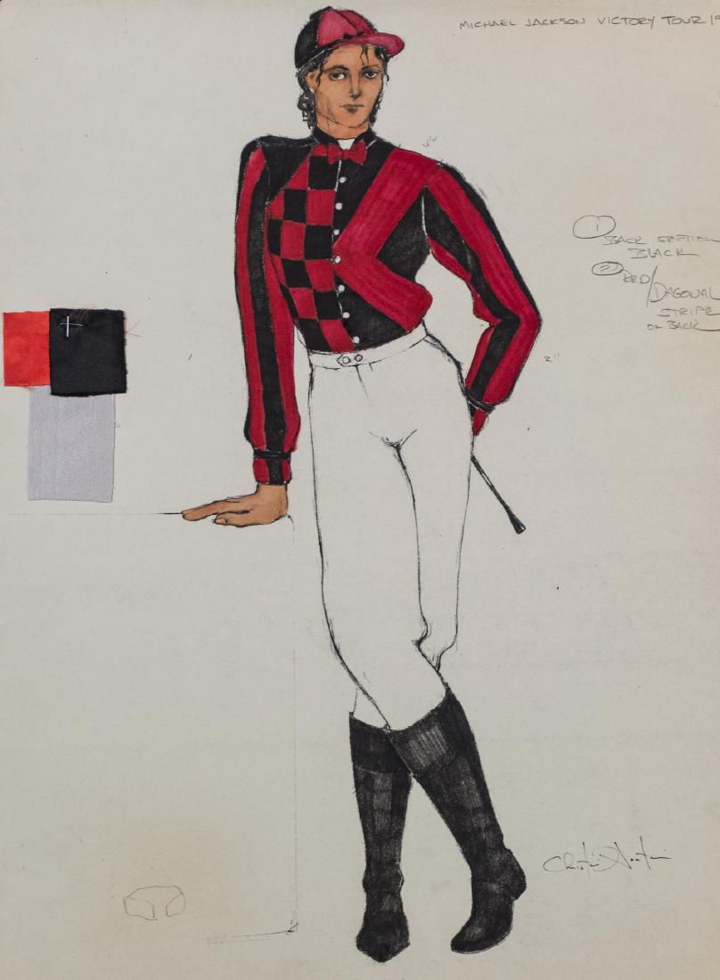 Michael Jackson Victory Tour Costume Drawing: Costume drawing for Michael Jacksons Victory tour with fabric swatches. Ink on paper, 1984. Size 22 x 17 inches. Notice to bidders: Condition reports and additional photographs are provided by request