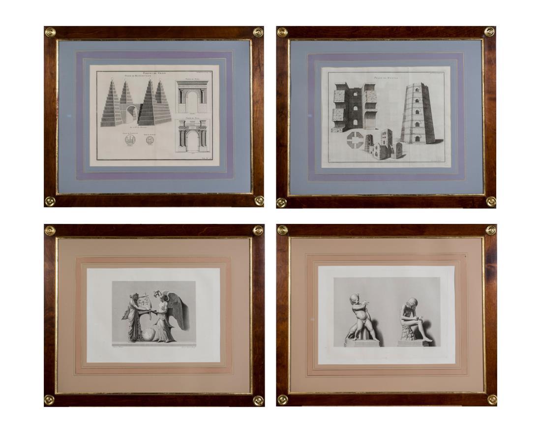 Four Vintage French Engravings: Two of architectural elements and two of statuary. Engravings, 19th/20th century. Overall size 25 x 29.5 inches. All matted and framed. Notice to bidders: Condition reports and additional photographs 