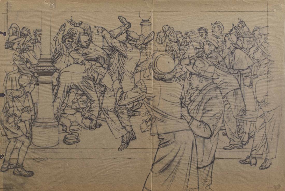 WPA Era Illustration Print: Civic Unrest (street brawl). Print, early to mid 20th century. Unsigned. Sheet size 20 x 14 inches. Notice to bidders: Condition reports and additional photographs are provided by request as a courtes