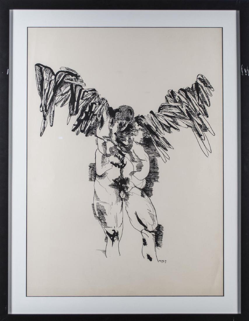 Leonard Baskin (American, 1922-2000): Icarus. Lithograph, 1969. Signed and dated in plate (LR). Sight size 31.75 x 23.5 inches. Matted and framed. Notice to bidders: Condition reports and additional photographs are provided by request as 