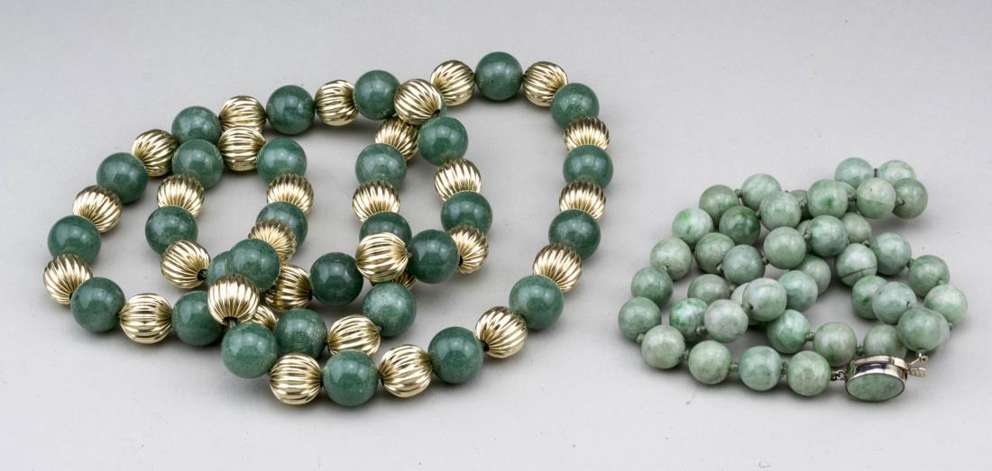 Two Bead Necklaces: One, a continuous strand of aventurine beads alternating with gold tone beads, length 27 inches, the other, a single strand of amazonite beads. length 18 inches.. Notice to bidders: Condition reports