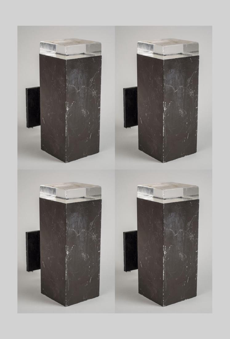 Set of Four Lightolier Sconces: Each a block form sconce with a Lucite block shade. Height 12 inches. Notice to bidders: Condition reports and additional photographs are provided by request as a courtesy to our clients, as such any