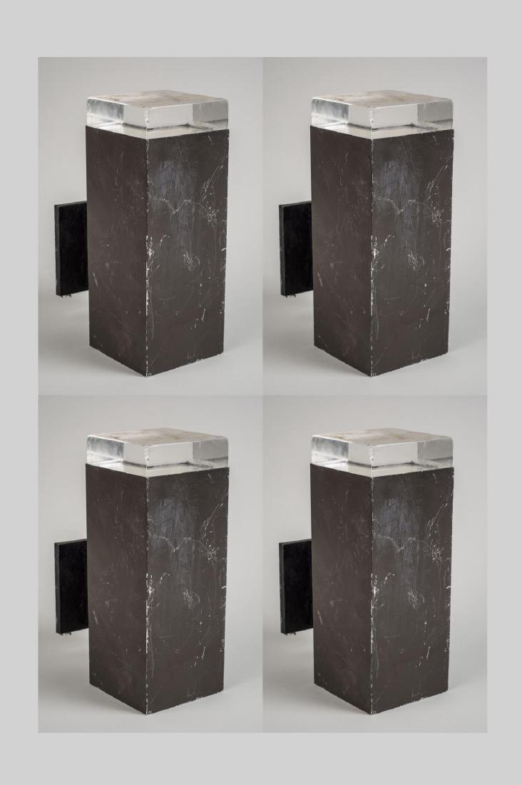 Set of Four Lightolier Sconces: Each a block form sconce with a Lucite block shade. Height 12 inches. Notice to bidders: Condition reports and additional photographs are provided by request as a courtesy to our clients, as such any