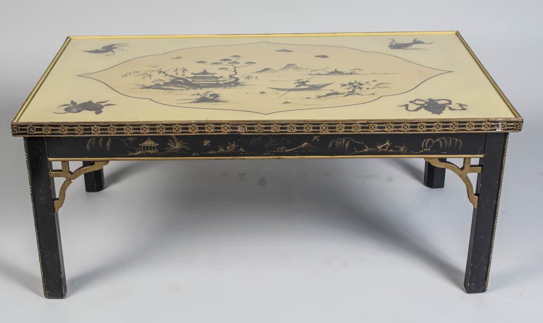 Asian Style Glass Top Coffee Table: Rectangular top with Asian motif, on a black lacquered base. Height 17 inches, width 41 inches, depth 23 inches. Notice to bidders: Condition reports and additional photographs are provided by request