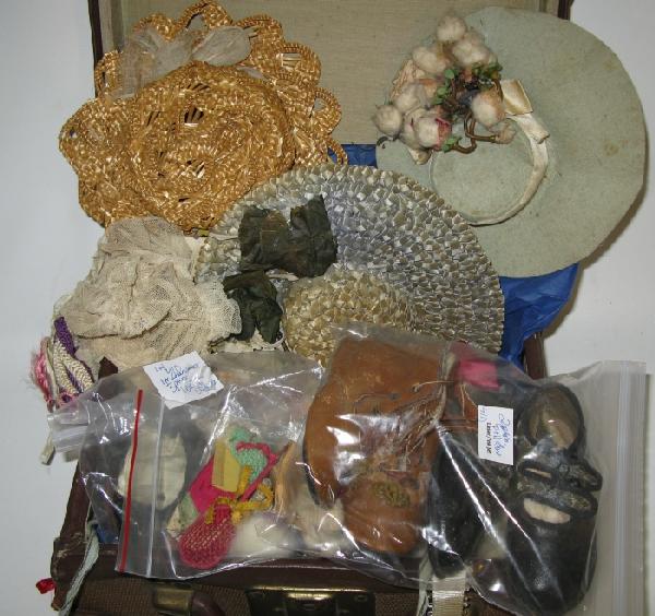 Vintage Doll Trunk & Victorian Doll Accessories: 5 Hats,4 pair shoes, die cast doll roller skates, Doll Hat embellishments, bright silk ribbons , crocheted/lace collars etc.