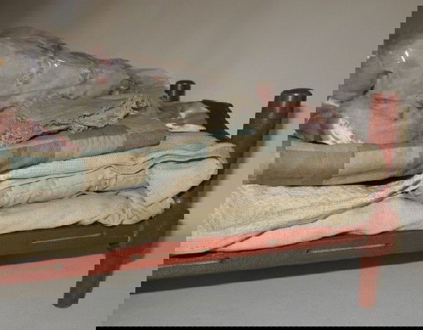 Antique Pine Rope Shaker style Doll's Bed: Antique Pine Rope Shaker style Doll's Bed ,old paint w 3 ticking pads/pillows and lot of vintage doll clothes circa 1930's