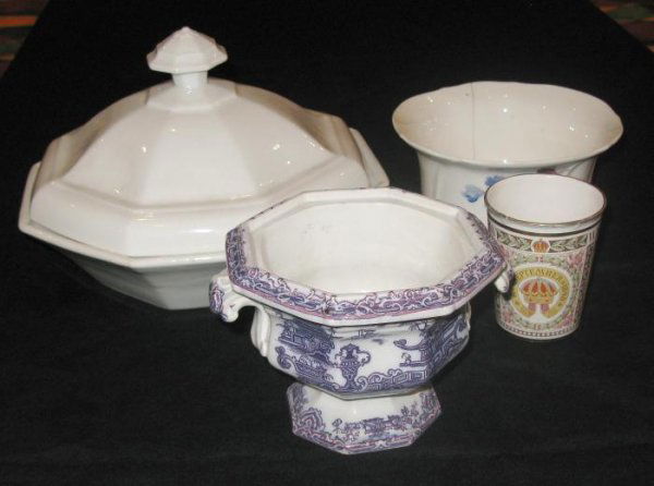 Lot of Miscellaneous China: including: Ironstone covered vegetable dish, early Staffordshire waste bowl, mulberry sugar basin (no lid), coronation cup