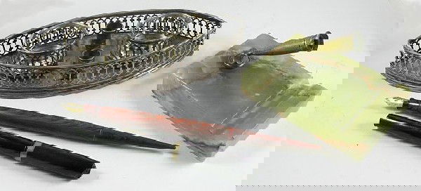 Two ink stands: one is silver ca. 1800s with touch mark 7 1/4" long; the other is an onyx and brass pen holder; two fountain pens, both pens are marked Ideal.