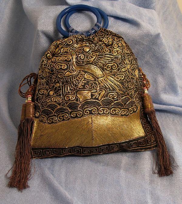 Antique Chinese Silk Second Rank Buzi Badge Purse: Qing Dynasty Handbag, Gold couching , double sided badges with Peking glass handles, silk tassels, silk lined, all original. Condition: VG-Exc