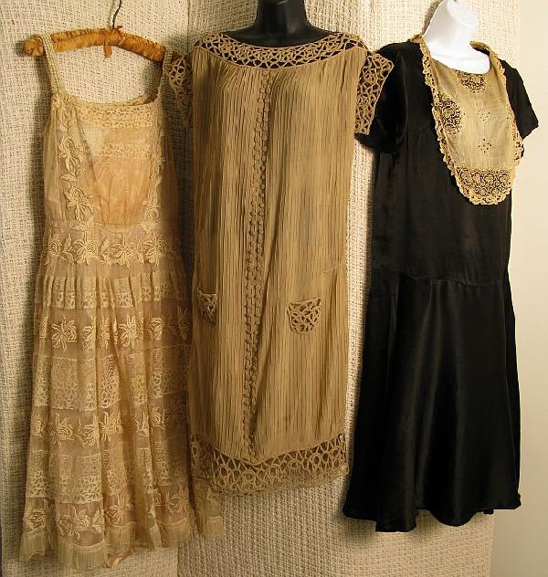 Lot (3) 1920's Silk Dresses: Taupe silk crepe dress. Unusual hand rolled, and braided woven openwork silk cord trim on collar, cuffs, hem with stitched down micro pleats,Cond: Good w light soiling and 1/2" spot on lower skirt pan