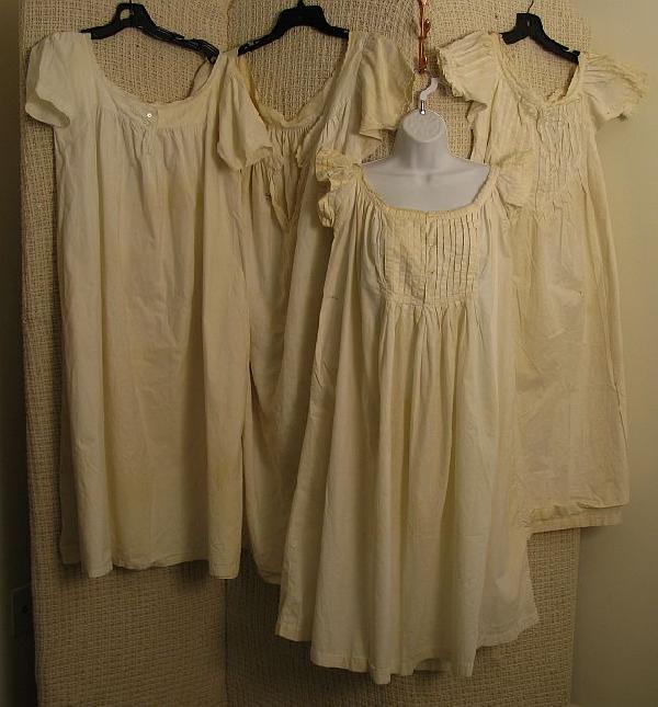 Lot 4 Mid/Late 19th C Ladies Undergarments: Includes rare "nursing undergarment w pleated/tucked opening in bodice. Pleating/tucking/mop buttons/crochet. One signed Lucy M. Green Cond: Good, no rips tears, some toning.