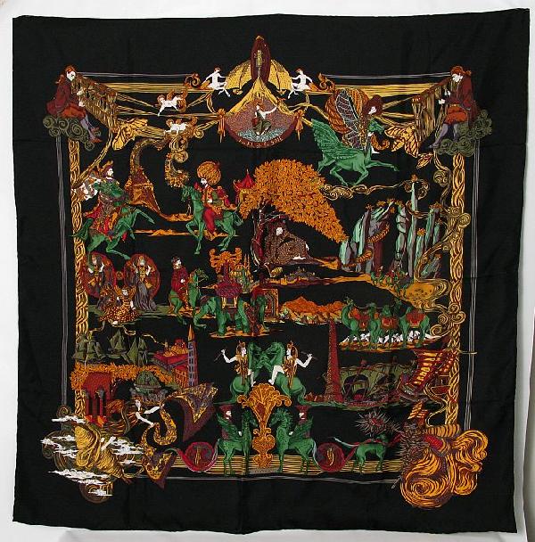 Hermes Silk Scarf, Au Fil de la Soie: Hermes silk twill scarf , Size: 90cm (35.5"), Au Fil de la Soie (Along the Silk Road), by Annie Faivre, 1995. Condition: VG-EXC. No rips stains, tears, very fresh.