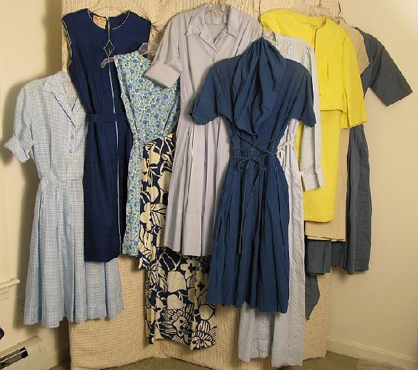 Lot of 10 Vintage 50's/60's Dresses: Lot of 9 Dresses. Simon & Sons, Claire McCardell,Geoffrey Beene,Apollo, Peck & Peck and Snooty Fox labels. Sizes: 4/6 is average. Cond: Good, No rips or tears but varies with some soiling.