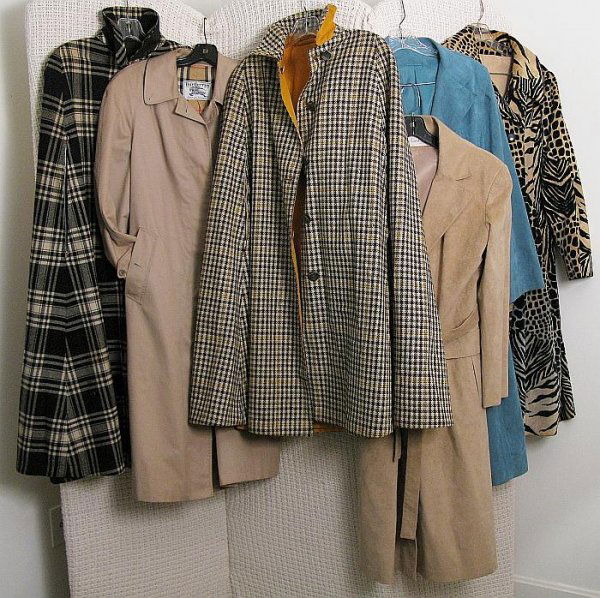 Vintage Retro Capes/Coats 60's: Two Ultra suede washable 70's trenches, Classic Burberry raincoat, 2 Reversible Wool/Poplin 60's capes. Condition: VG-Good. Velvet animal print coat (Good-Fair)