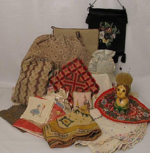 19th & 20th Century Needlework/Embroidered Notion: Linen table doilies, Persian embroidery, silk needlepoint/crewel pin cushions, Victorian cotton drawstring notions bags. Silk satin hand painted pansy panel