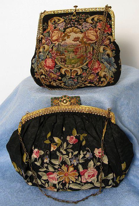 Pair Vintage Petit Point Purses Circa 1920's: 7"x7" Reticulated gilt frame & double chain handle in bright floral motif with garden landscape. Cond : VGood.1930's Silk embroidered purse w ornate gilt frame, silk lining, orig coin purse/mirror Con