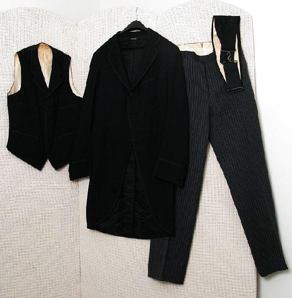 Men's Vintage Brooks Bros. Cutaway Tails: Brooks Bros Circa 1920's Wool Cutaway Tails w/pants, vest Sz: Pants 31/34 Jacket, 38 long Cond: Good (1.25" moth hole on back left tail. One 1/2" hole right shoulder)