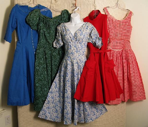 Lot Five 1960's Cotton Dresses: Red check, red cotton cutaway neckline, blue/white Jonathan Logan, green/blue gypsy, royal blue. Sizes: Small Condition: Good