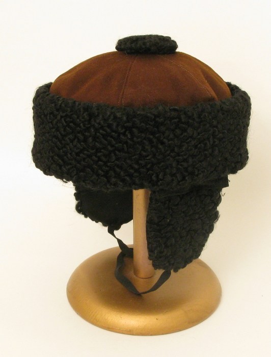 Victorian Child's Hat Wool & Persian Lamb: Brown Wool child's winter hat with removable (hook/eye) ear flaps. Jordan Marsh Boston stamped in lining.
