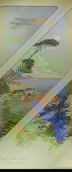 French airplane print: "Rougier a Monte Carlo sur biplan Voisin", Mabileau & Co. Copyright 1910. 36 1/4" x 17 5/8". From a painting by GAMY.