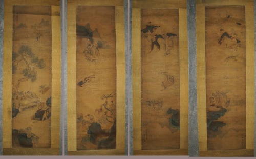 Four Chinese scrolls: paintings on scrolls, late 18th century to mid 19th century; each tells a story with Chinese folk figures, dry ink and inks on silk, wet washes in watercolor, 75" long, silk painting mounted on p